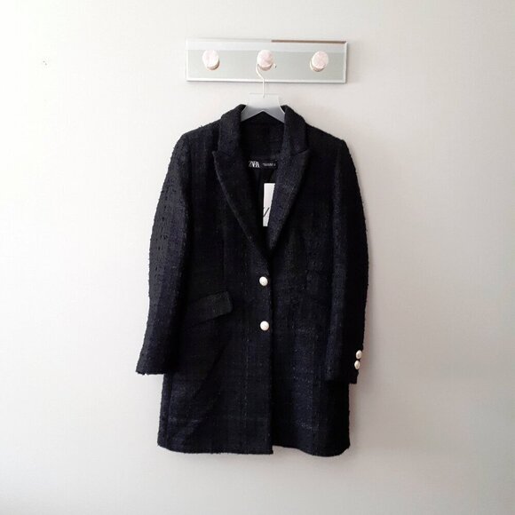 NWT Zara black textured tweed-like longer line blazer coat, M - Picture 9 of 12